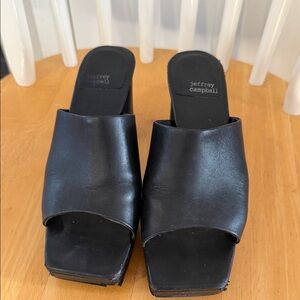 Jeffrey Campbell Black Leather Open-Toe Slip-On Mules